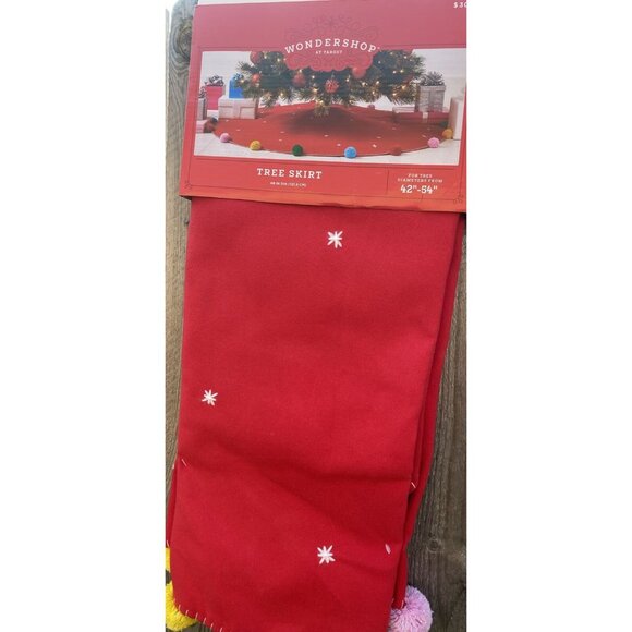Target Wondershop Red & Pom Pom Christmas Tree Skirt 48” Round 42-54" Dia Trees - Picture 3 of 11